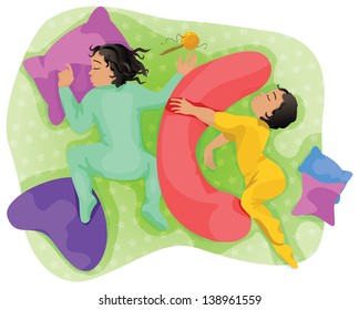 Sleeping cute twins. Boy and girl are sleeping in an array of pillows. Different positions. Upper view.