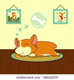 sleeping cute welsh corgi dog on mat. Sweet puppy dreams