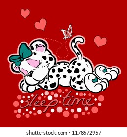 Sleeping dalmatian has green ribbon with around pink hearts, white points, butterfly and texts on red background. Vector illustration.