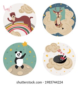 Sleeping deer, sweet badger, cute panda, merry otter. Set of cute animals for nursery. White isolated vector stock illustration EPS 10.