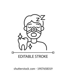 Sleeping dentistry linear icon. Stomatology sedation practice. Instruments for dental treatment. Thin line customizable illustration. Contour symbol. Vector isolated outline drawing. Editable stroke