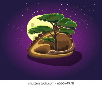 The Sleeping Dinosaur Embraced The Tree Under The Moon in the background of the Starry Sky. Vector illustration in cartoon style