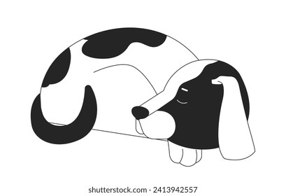 El perro durmiente enrolló al personaje de caricatura en 2D en blanco y negro. Un cachorro dormido. Animales aislados aislados de mascotas con contorno vectorial animal. Ilustración monocromática de manto de la mascota Companion