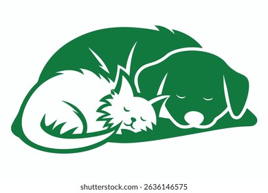 Sleeping dog and cat embracing green illustration on a white background
