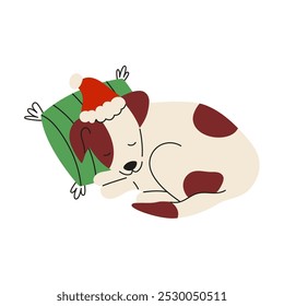 Sleeping dog in a christmas hat. Jack Russell pet. Flat vector illustration isolated on white background.