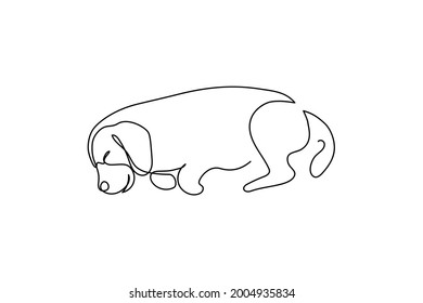 Sleeping dog in continuous line art drawing style. Cute beagle dog asleep minimalist black linear sketch isolated on white background. Vector illustration