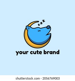 sleeping dog and crescent moon cute cartoon style vector logo design