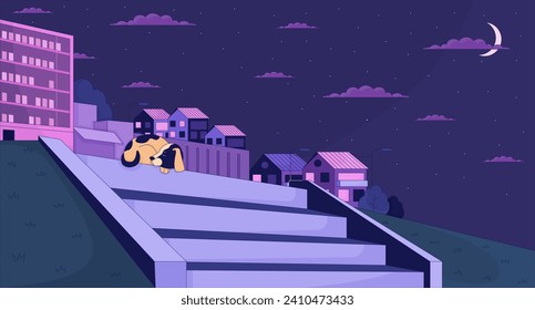 Sleeping dog on hillside stairs cityscape 2D cartoon background. Stray puppy resting stone steps colorful aesthetic vector illustration, nobody. Night town hill flat line wallpaper art, lofi image