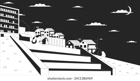 Perro durmiente en la escalera de la colina, paisaje de la ciudad, contorno de fondo de dibujos animados en 2D. Piedra de reposo de cachorro reposado lineal de ilustración vectorial. Papel de fondo de pantalla plana de la colina de la ciudad nocturna, imagen de lofi monocromático