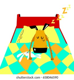 Sleeping dog. Tired pet asleep in bed with a pillow and toy-rabbit in the paws. Vector cartoon illustration with cute dog