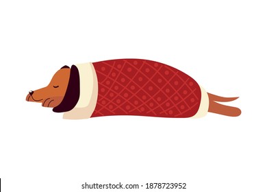 sleeping dog wrapped in blanket cartoon icon vector illustration
