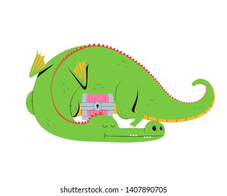 Sleeping dragon. Cute cartoon dragon guarding treasure chest. Vector illustration