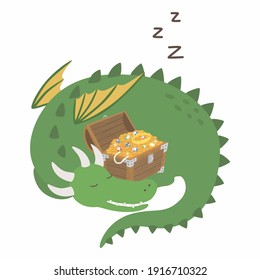 Sleeping dragon. Cute cartoon dragon guarding treasure chest. Vector illustration
