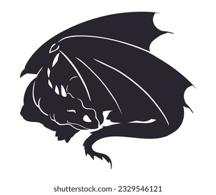 Silhouette de dragón durmiente. Reptile de fantasía alada de dibujos animados, criatura de cuento de hadas, dragón mágico descansando ilustración vectorial plana