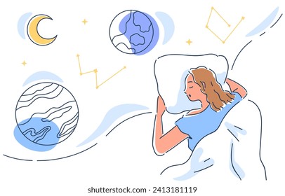 Sleeping in dream doodle concept. Woman sleep at pillow under blanket. Recuperation and rest. Young girl with space and galaxy. Linear flat vector illustration isolated on white background