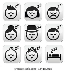 Sleeping, dreaming people faces buttons set