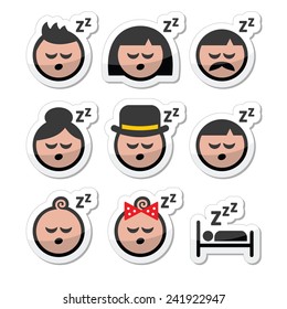 Sleeping, dreaming people faces icons set