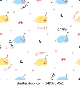 Sleeping and Dreaming Piglets Vector Doodles Seamless Pattern