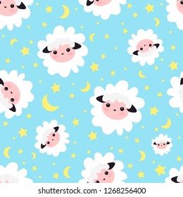 Sleeping dreams pattern. vector illustration seamless sheep animal. pattern for girls with cute sheep in the starry sky . Textile design, wallpapers, backgrounds and prints, packaging