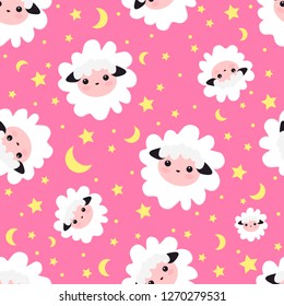 Sleeping dreams pattern. vector illustration seamless sheep animal. pattern for girls with cute sheep in the starry sky . Textile design, wallpapers, backgrounds and prints, packaging