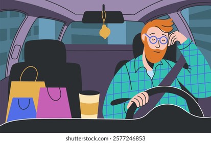 Sleeping driver. Cartoon tired and sleepy man sitting behind the car wheel, drowsy driver dozing off, sleeping driver inside car scene. Vector exhausted person illustration.