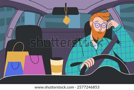 Sleeping driver. Cartoon tired and sleepy man sitting behind the car wheel, drowsy driver dozing off, sleeping driver inside car scene. Vector exhausted person illustration.