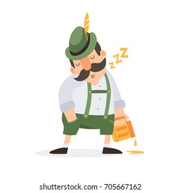 Sleeping drunk Bavarian man in a folk costume with a beer mug. Oktoberfest. Vector illustration.