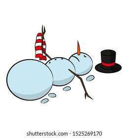 Sleeping drunk snowman. Hand drawn vector flat graphic illustration. Isolated object on a white background. Isolate.