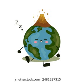 Personaje del planeta Tierra durmiente con el volcán Día de la Tierra 22 de abril. Problema de ecología del planeta Tierra. Ilustración vectorial