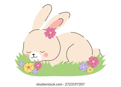 Conejo de Pascua durmiendo metido en la hierba de primavera con flores silvestres coloridas, adorable personaje de conejo bebé con corona floral, mascota de escena de prado pacífico para arte de pared de vivero, decoración de dormitorio para niños y tarjetas de felicitación de vacaciones, lindo animal del bosque aislado sobre fondo blanco, ilustración botánica y faunística.
