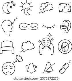 Sleeping editable icon set. Contains pillows, night bed and insomnia sleeplessness, Zzz snooze, sleeping mask, notification and human sleep. Prohibition pictograms in linear style. Vector graphics