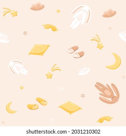 Sleeping elements, bunny toy, pillow, slippers, eye mask, moon, stars and cloud. Seamless pattern in beige colors with soft and cozy home elements. Vector illustration.