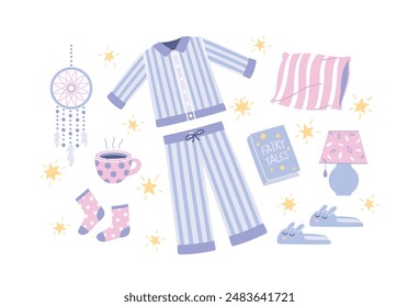 Sleeping elements set. Comfort sleep accessories. Flat vector illustration