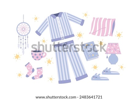 Sleeping elements set. Comfort sleep accessories. Flat vector illustration