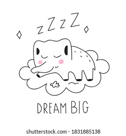 Sleeping elephant on the cloud. Dream big. Vector illustration for greeting card, textile t shirt, print, stickers, posters design.