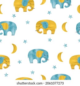 Sleeping elephants pattern. Seamless sweet dream vector illustration for kids.