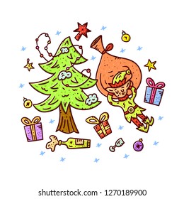 Sleeping elf. Colored hand drawn illustration. Doodle syle print. Christmas holiday