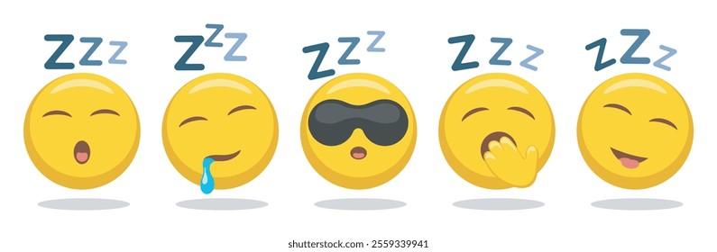 Sleeping emoji faces. Snoring emoticon with zzz noise set isolated vector illustration