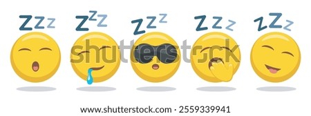 Sleeping emoji faces. Snoring emoticon with zzz noise set isolated vector illustration