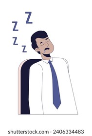 Sleeping employee male indian 2D linear cartoon character. South asian man napping on workplace isolated line vector person white background. Fatigue exhausted worker color flat spot illustration