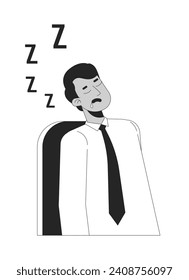 Sleeping employee male indian black and white 2D line cartoon character. South asian man napping on workplace isolated vector outline person. Exhausted worker monochromatic flat spot illustration