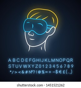 Sleeping eyemask neon light icon. Eye mask, eyepatch, night blindfold. Sleeping accessory for eyes rest and relax. Glowing sign with alphabet, numbers and symbols. Vector isolated illustration