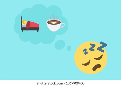 sleeping face emoji and thought bubble with bed and hot beverage icons on light blue background,tired concept vector illustration