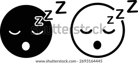 Sleeping face emoji with zzz vector icon set, collection and group in black flat and line style, includes tired face symbol, rest sleep emoticon, nap relaxation illustration, dream and bedtime concept