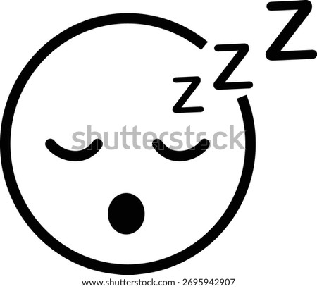 Sleeping face emoji with zzz vector icon in black flat and line style, includes tired face symbol, rest sleep emoticon, nap relaxation illustration, dream and bedtime concept