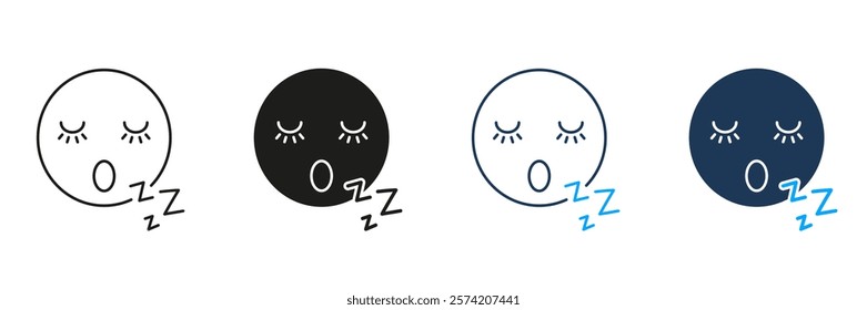 Sleeping Face with Eyelashes and ZZZ Line and Silhouette Icon Set. Peaceful Rest and Sleep Outline Symbol. Editable Stroke. Isolated Vector Illustration.