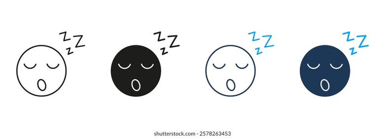 Sleeping Face with ZZZ Line and Silhouette Icon Set. Peaceful Rest and Sleepy Expression Symbol. Face with Closed Eyes and ZZZ Sign, Nap Concept. Editable Stroke. Isolated Vector Illustration.