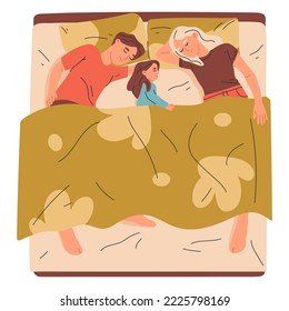 Sleeping family lying in bed under blankets asleep characters. Couple with children resting in bed isolated flat vector illustration on white background