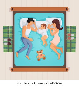 Sleeping family lying on bed top view composition with parents and little son, teddy bear vector illustration