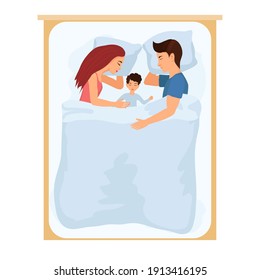 Sleeping family man and woman lie on the bed top view composition with parents and little son.